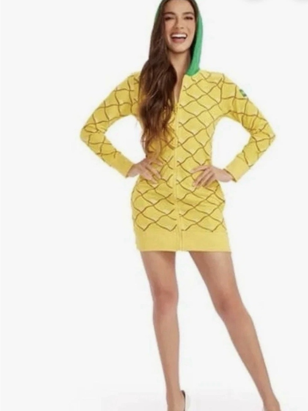 Tipsy Elves Yellow Pineapple Hooded Mini Dress with Green Lining Costume